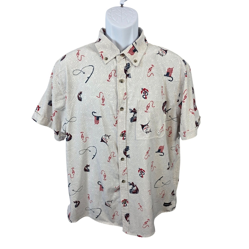 Canada Weathergear Mens Large Fishing Shirt Short Sleeve Flag Lure Print Pocket